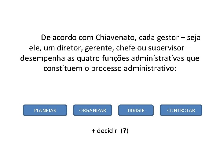 De acordo com Chiavenato, cada gestor – seja ele, um diretor, gerente, chefe ou