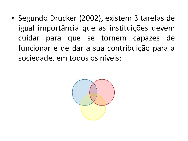  • Segundo Drucker (2002), existem 3 tarefas de igual importância que as instituições