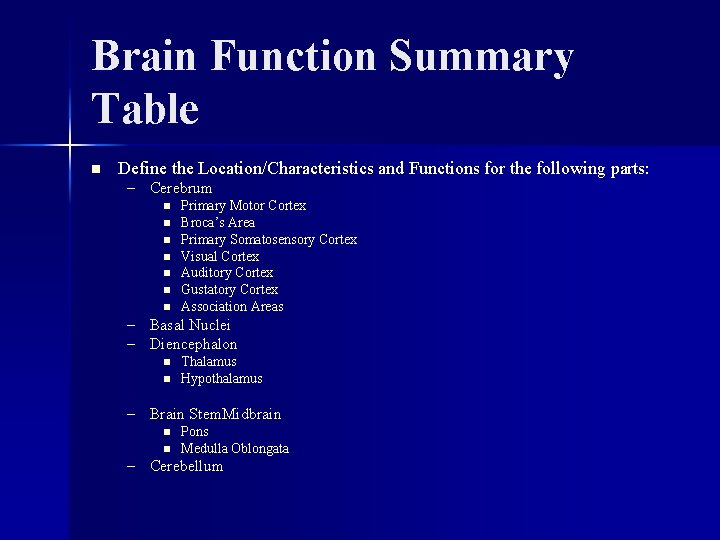 Brain Function Summary Table n Define the Location/Characteristics and Functions for the following parts: