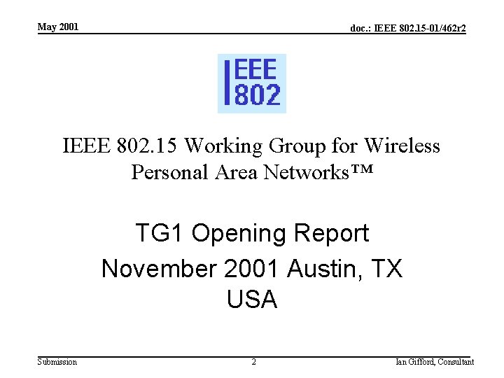 May 2001 doc. : IEEE 802. 15 -01/462 r 2 IEEE 802. 15 Working