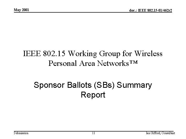 May 2001 doc. : IEEE 802. 15 -01/462 r 2 IEEE 802. 15 Working