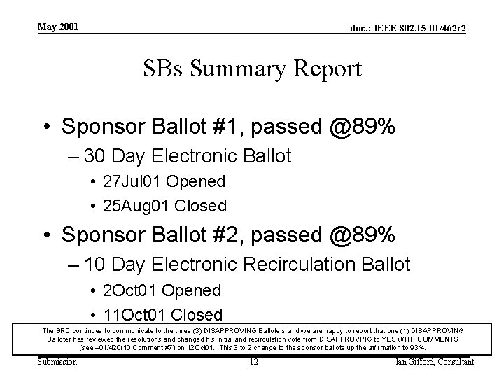 May 2001 doc. : IEEE 802. 15 -01/462 r 2 SBs Summary Report •