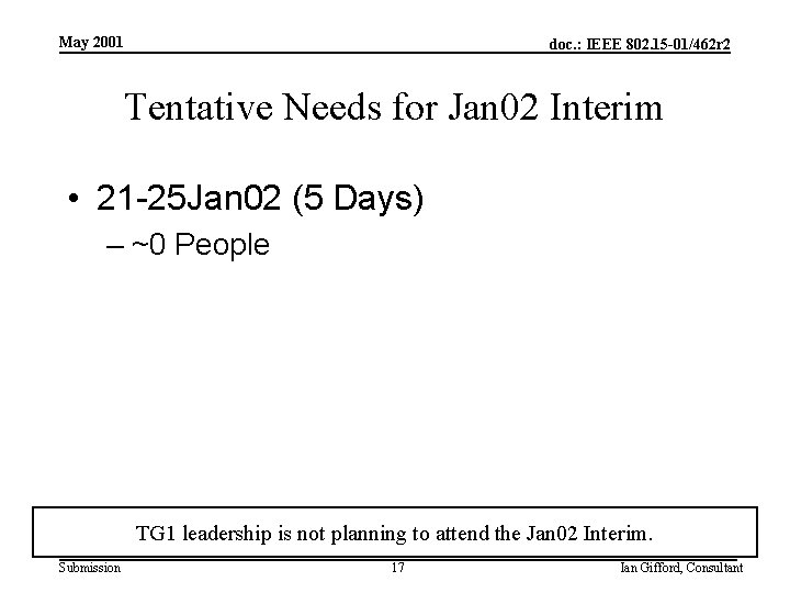 May 2001 doc. : IEEE 802. 15 -01/462 r 2 Tentative Needs for Jan
