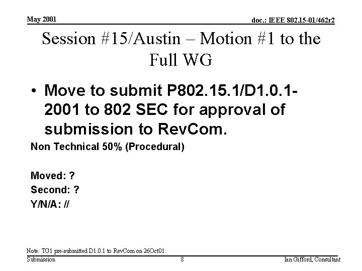 May 2001 doc. : IEEE 802. 15 -01/462 r 2 Session #15/Austin – Motion