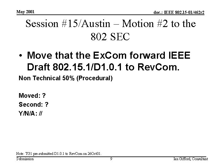 May 2001 doc. : IEEE 802. 15 -01/462 r 2 Session #15/Austin – Motion