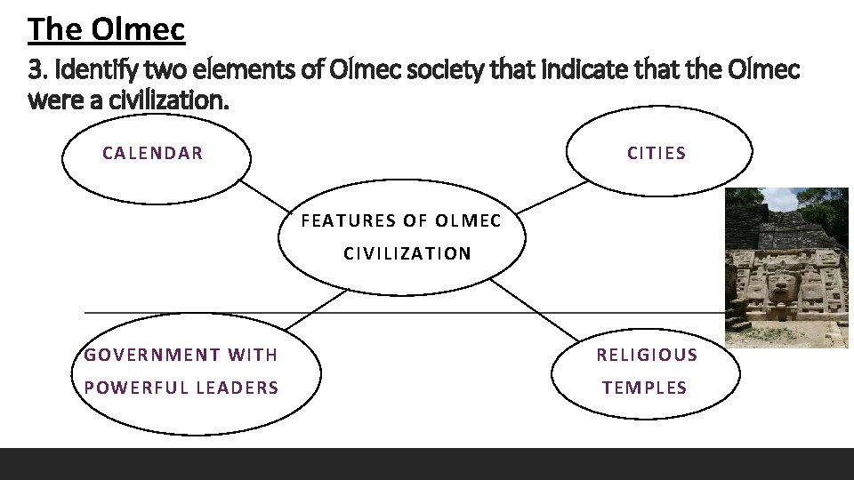 The Olmec 3. Identify two elements of Olmec society that indicate that the Olmec The Olmec 3. Identify two elements of Olmec society that indicate that the Olmec