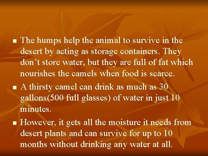 n n n The humps help the animal to survive in the desert by
