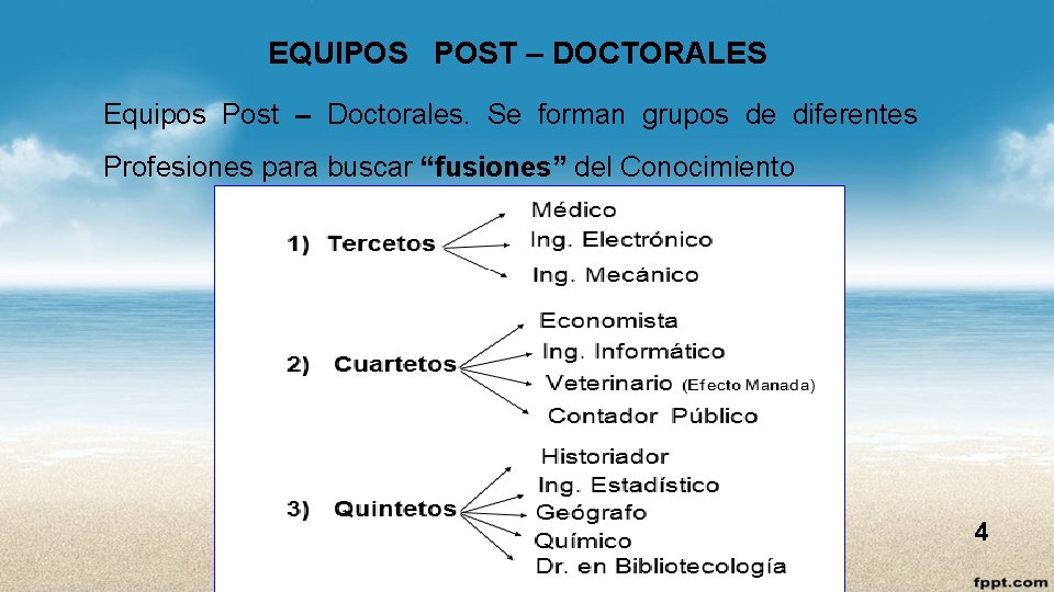 EQUIPOS POST – DOCTORALES Equipos Post – Doctorales. Se forman grupos de diferentes Profesiones