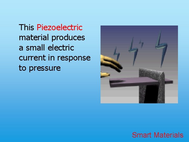 This Piezoelectric material produces a small electric current in response to pressure Smart Materials
