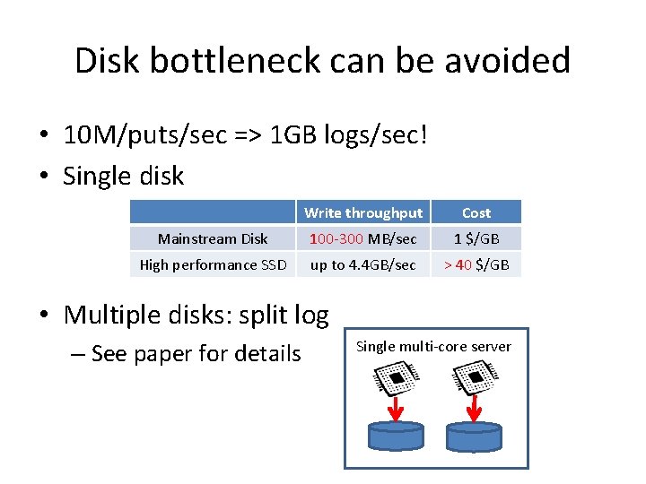 Disk bottleneck can be avoided • 10 M/puts/sec => 1 GB logs/sec! • Single Disk bottleneck can be avoided • 10 M/puts/sec => 1 GB logs/sec! • Single