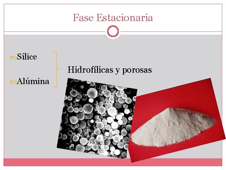 Fase Estacionaria Sílice Hidrofílicas y porosas Alúmina 