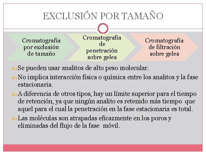 EXCLUSIÓN POR TAMAÑO Cromatografía por exclusión de tamaño Cromatografía de penetración sobre geles Cromatografía