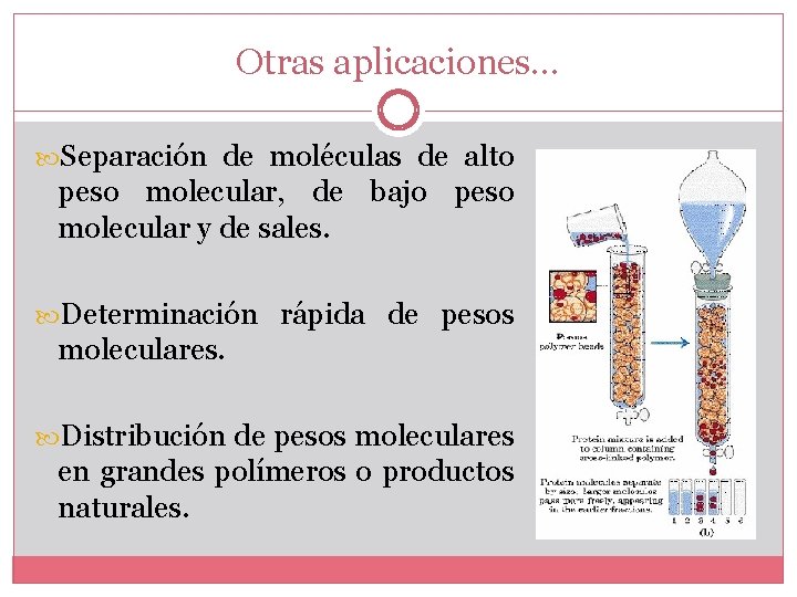 Otras aplicaciones… Separación de moléculas de alto peso molecular, de bajo peso molecular y