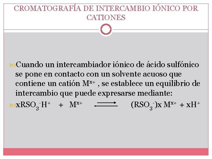 CROMATOGRAFÍA DE INTERCAMBIO IÓNICO POR CATIONES Cuando un intercambiador iónico de ácido sulfónico se