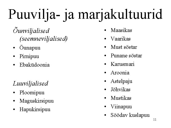 Puuvilja- ja marjakultuurid Õunviljalised (seemneviljalised) • Õunapuu • Pirnipuu • Ebaküdoonia Luuviljalised • Ploomipuu