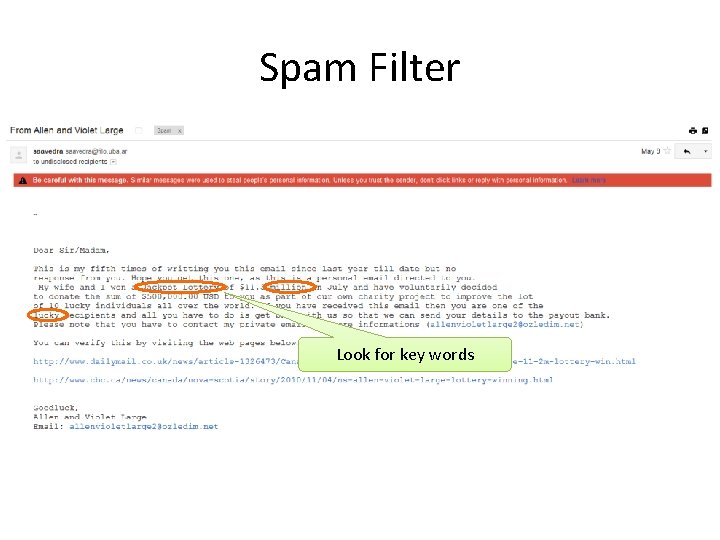 Spam Filter Look for key words 
