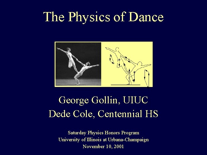 The Physics of Dance George Gollin, UIUC Dede Cole, Centennial HS Saturday Physics Honors