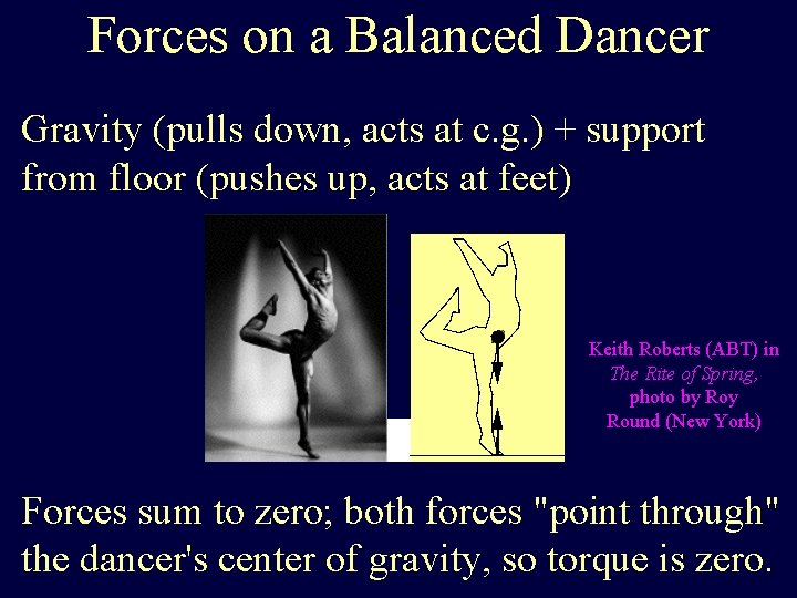 Forces on a Balanced Dancer Gravity (pulls down, acts at c. g. ) +