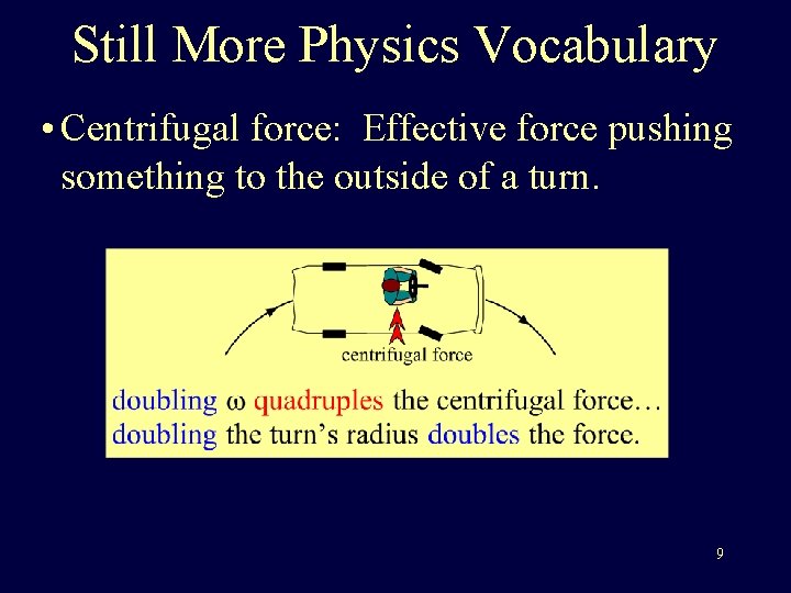 Still More Physics Vocabulary • Centrifugal force: Effective force pushing something to the outside