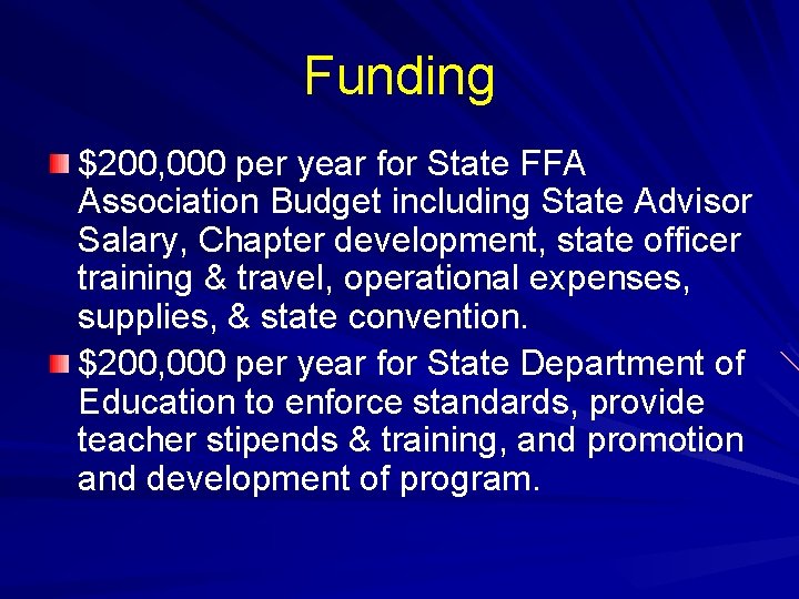 Funding $200, 000 per year for State FFA Association Budget including State Advisor Salary,