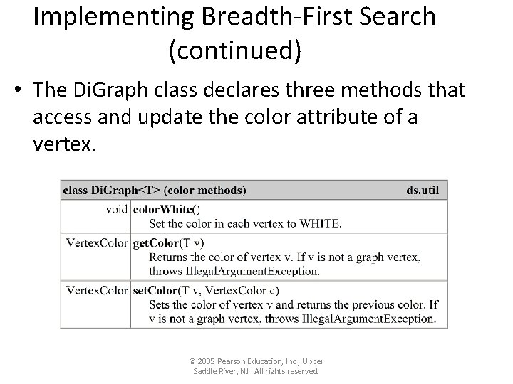 Implementing Breadth-First Search (continued) • The Di. Graph class declares three methods that access