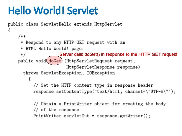 Hello World! Servlet Server calls do. Get() in response to the HTTP GET request