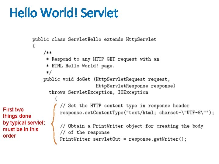 Hello World! Servlet First two things done by typical servlet; must be in this