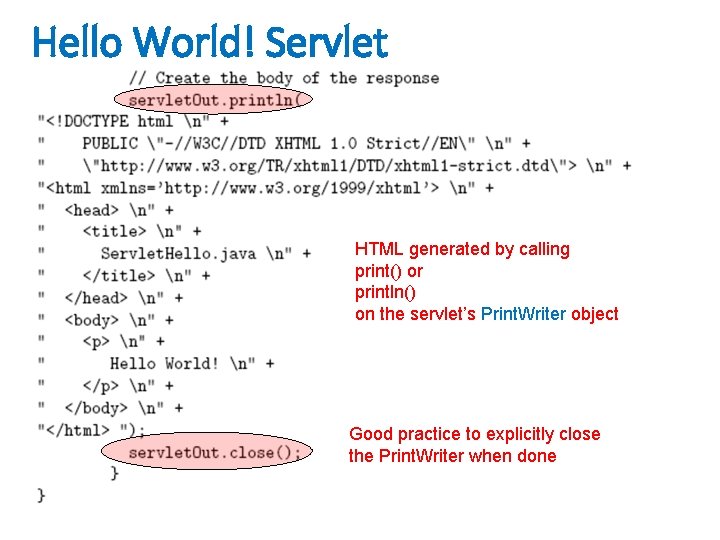 Hello World! Servlet HTML generated by calling print() or println() on the servlet’s Print.