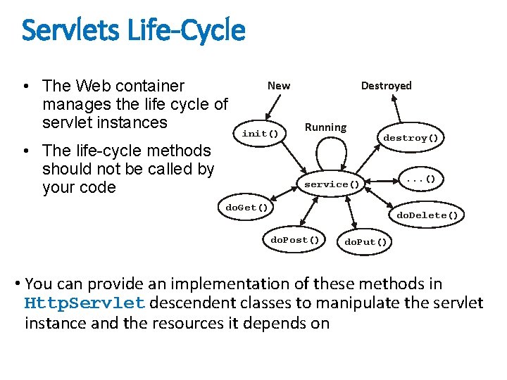 Servlets Life-Cycle • The Web container manages the life cycle of servlet instances New