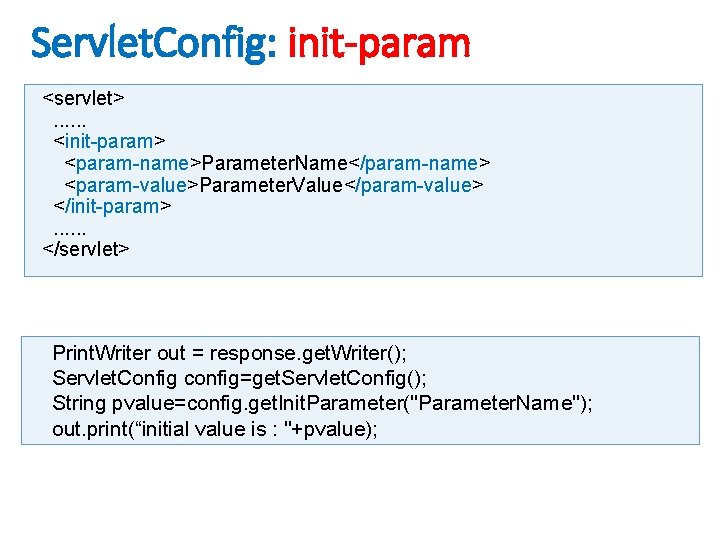 Servlet. Config: init-param <servlet>. . . <init-param> <param-name>Parameter. Name</param-name> <param-value>Parameter. Value</param-value> </init-param>. . .