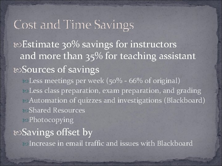 Cost and Time Savings Estimate 30% savings for instructors and more than 35% for