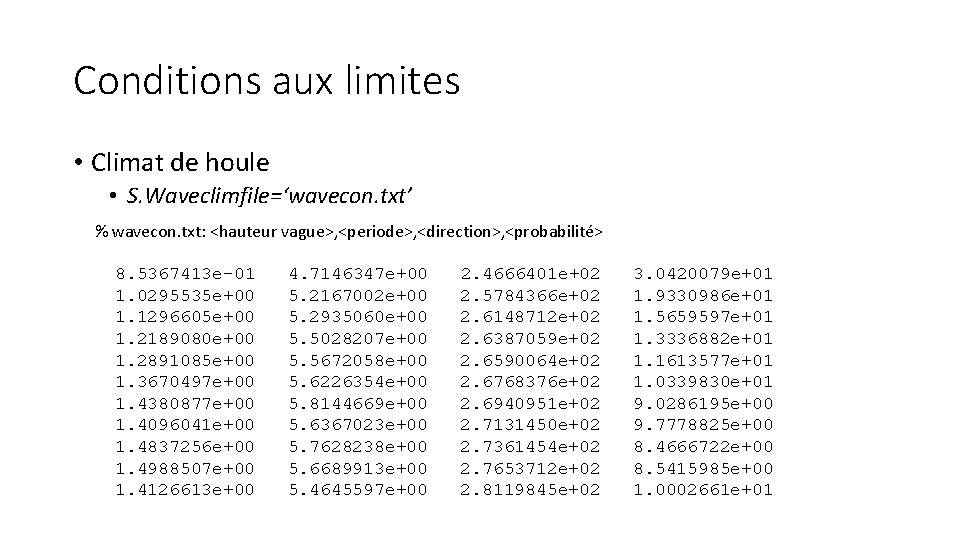 Conditions aux limites • Climat de houle • S. Waveclimfile=‘wavecon. txt’ % wavecon. txt: