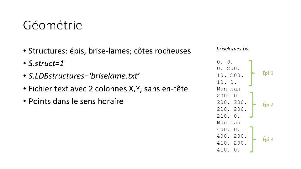 Géométrie • Structures: épis, brise-lames; côtes rocheuses • S. struct=1 • S. LDBstructures=‘briselame. txt’