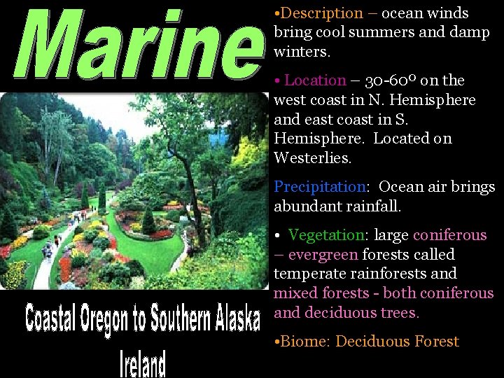  • Description – ocean winds bring cool summers and damp winters. • Location