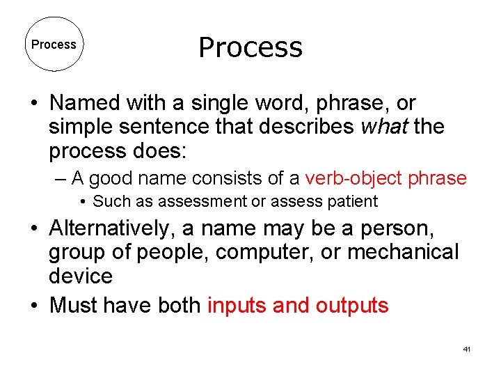 Process • Named with a single word, phrase, or simple sentence that describes what