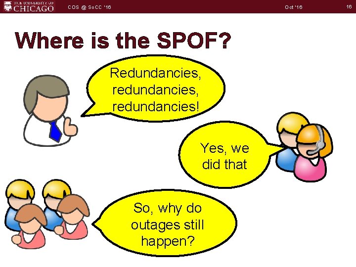 Oct '16 COS @ So. CC '16 Where is the SPOF? Redundancies, redundancies! Yes,