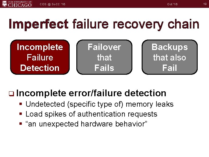 Oct '16 COS @ So. CC '16 Imperfect failure recovery chain Incomplete Failure Detection