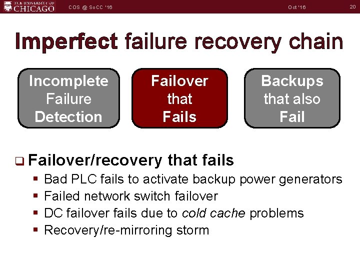 Oct '16 COS @ So. CC '16 Imperfect failure recovery chain Incomplete Failure Detection