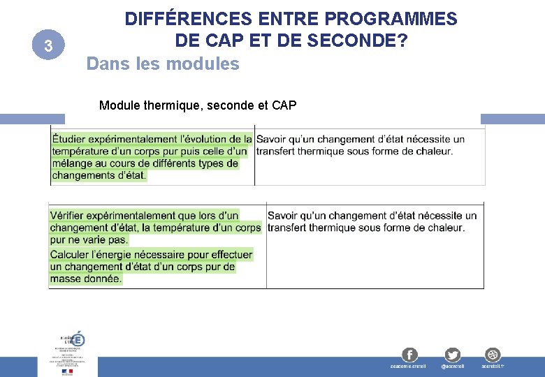 3 DIFFÉRENCES ENTRE PROGRAMMES DE CAP ET DE SECONDE? Dans les modules Module thermique,