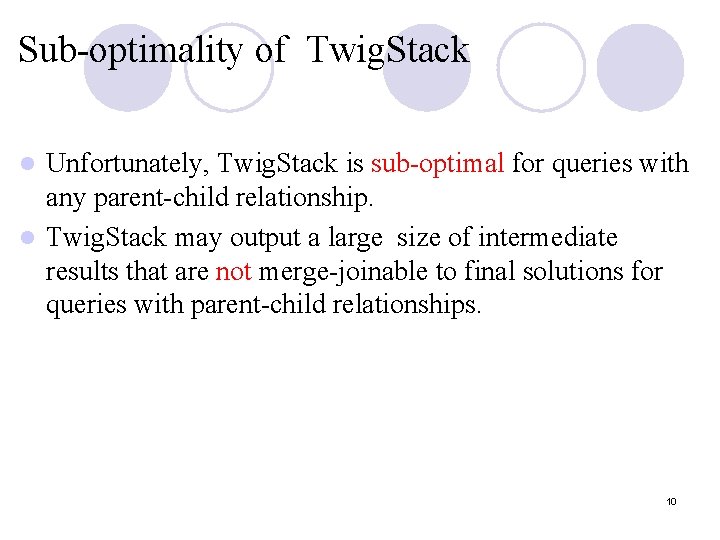 Sub-optimality of Twig. Stack Unfortunately, Twig. Stack is sub-optimal for queries with any parent-child Sub-optimality of Twig. Stack Unfortunately, Twig. Stack is sub-optimal for queries with any parent-child