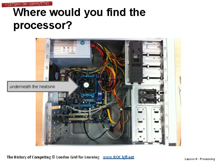 Where would you find the processor? underneath the heatsink The History of Computing ©