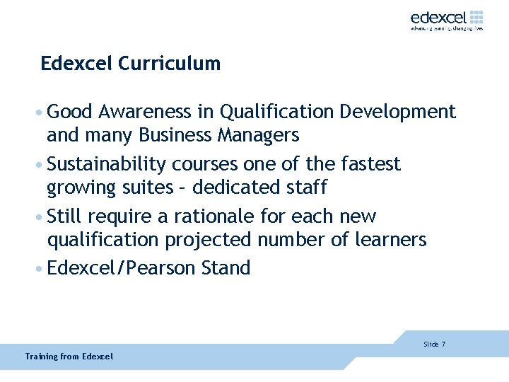 Edexcel Curriculum • Good Awareness in Qualification Development and many Business Managers • Sustainability