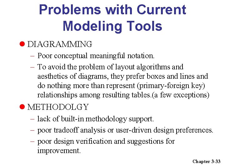 Problems with Current Modeling Tools DIAGRAMMING – Poor conceptual meaningful notation. – To avoid