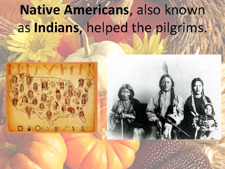 Native Americans, also known as Indians, helped the pilgrims. 