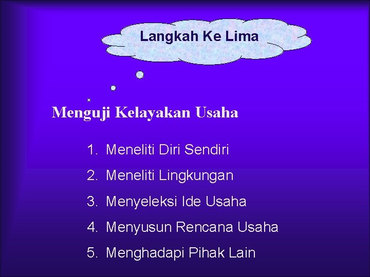 Langkah Ke Lima Menguji Kelayakan Usaha 1. Meneliti Diri Sendiri 2. Meneliti Lingkungan 3.