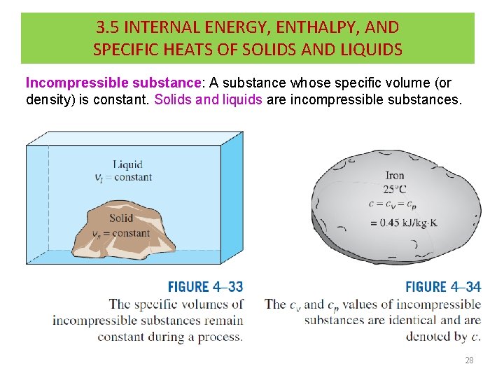3. 5 INTERNAL ENERGY, ENTHALPY, AND SPECIFIC HEATS OF SOLIDS AND LIQUIDS Incompressible substance: 3. 5 INTERNAL ENERGY, ENTHALPY, AND SPECIFIC HEATS OF SOLIDS AND LIQUIDS Incompressible substance: