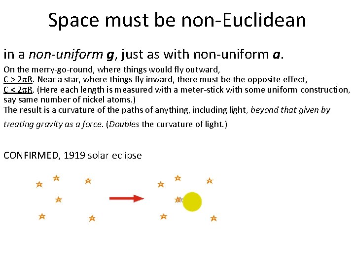 Space must be non-Euclidean in a non-uniform g, just as with non-uniform a. On
