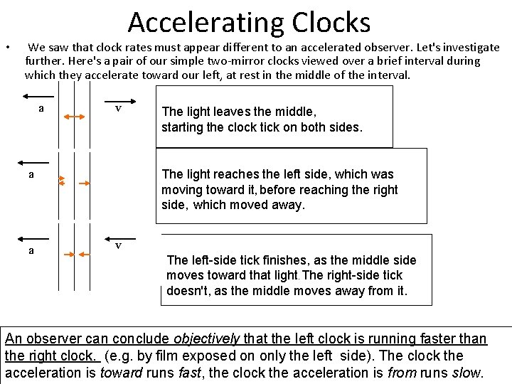  • Accelerating Clocks We saw that clock rates must appear different to an