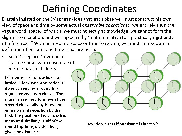 Defining Coordinates Einstein insisted on the (Machean) idea that each observer must construct his