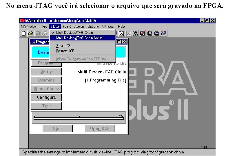 No menu JTAG você irá selecionar o arquivo que será gravado na FPGA. 100
